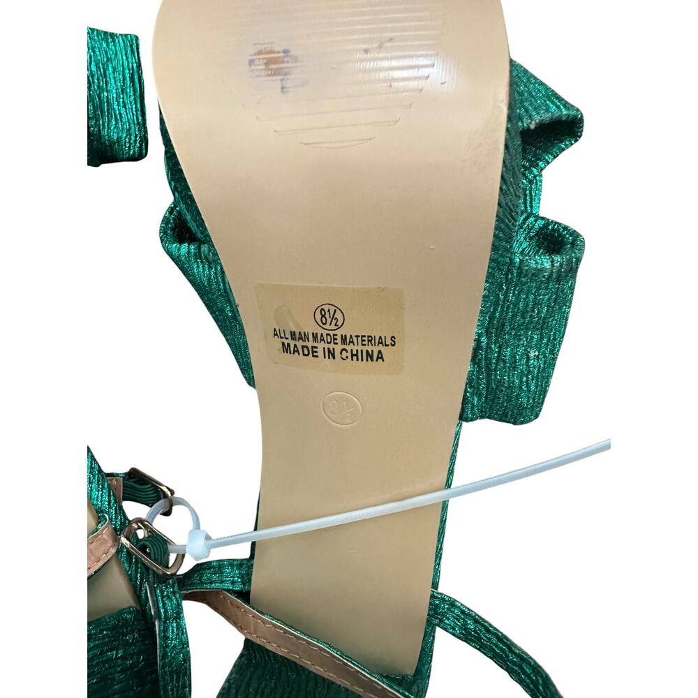 Lulus Lilsa Green Metallic Bow Platform Ankle Strap Heels Size 8.5 - Picture 9 of 10
